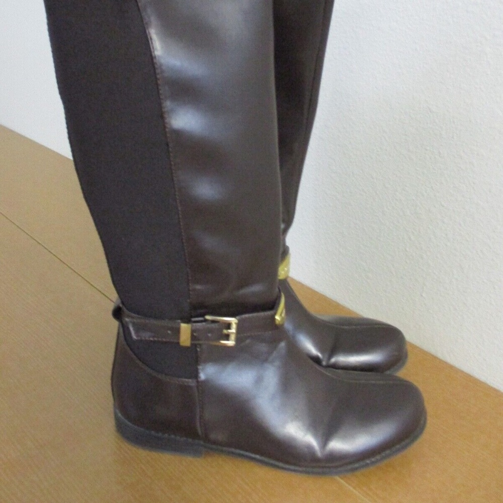 MK Michael Kors Brown Leather Calf High Zip Up BEXLEY Choco Boots MK Buckle US 4